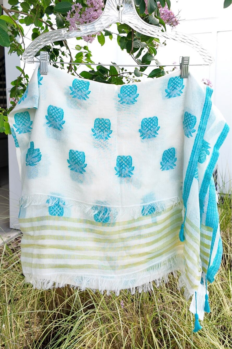 Echo New York Pineapple Print Cotton Scarf Wrap NWT Blue White
